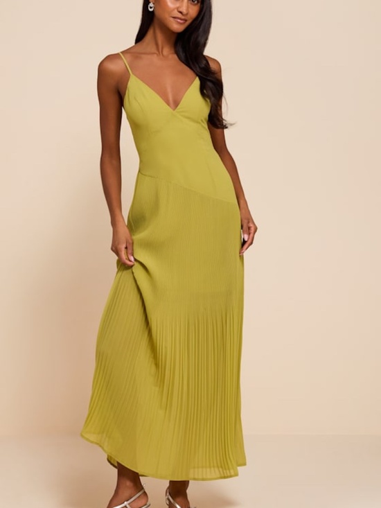 Lulus Dresses & Skirts - Lulus Mura Chartreuse Pleated Drop Waist Midi Dress Green - Size S